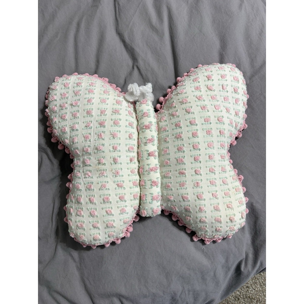 Vintage Handmade Springtime Butterfly Vintage‎ Rosebud Chenille Flower Pillow